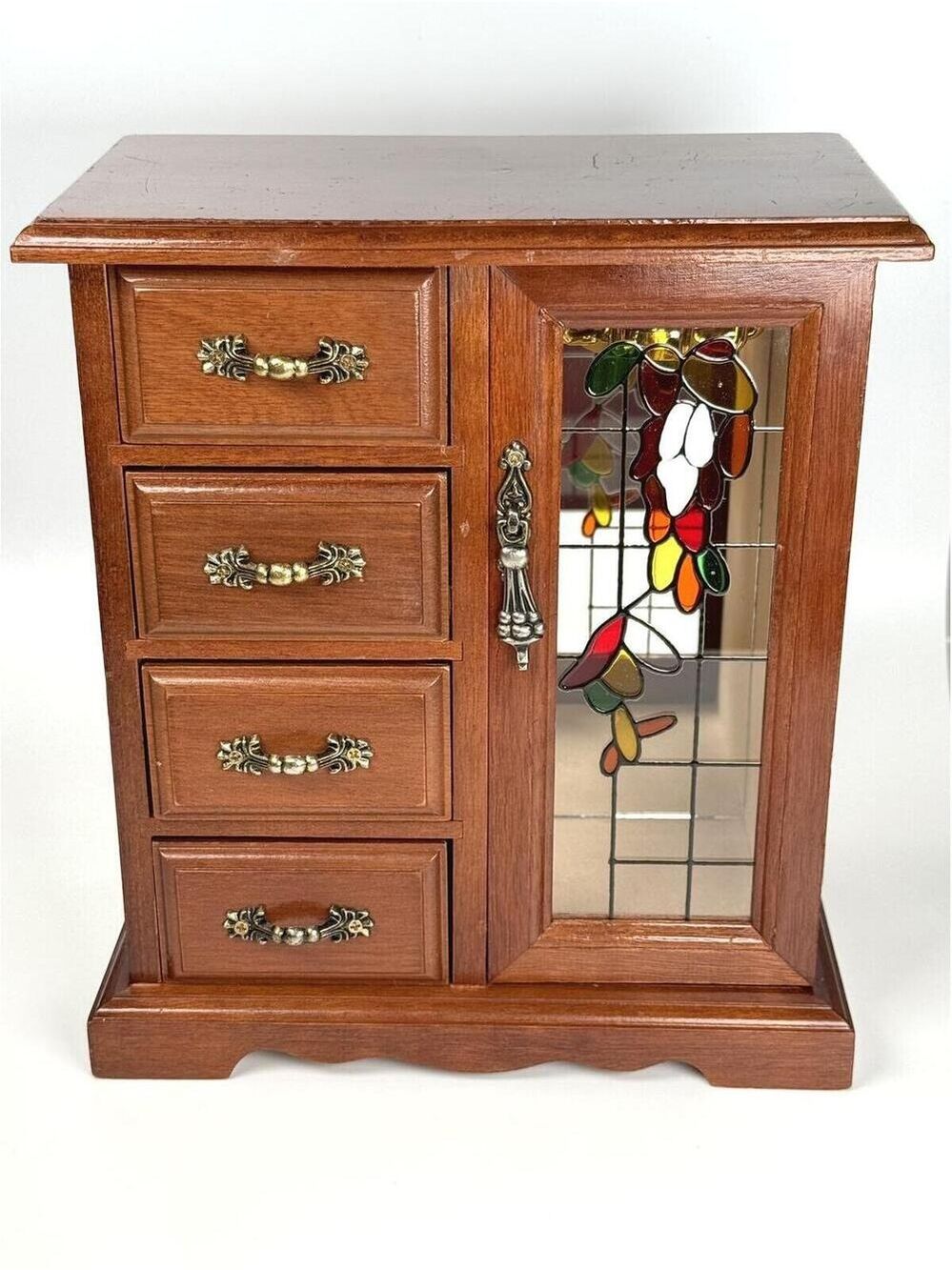 Vintage Stained Glass Sankyo Japan Music Box for Jewelry Mirror Rotating Hooks